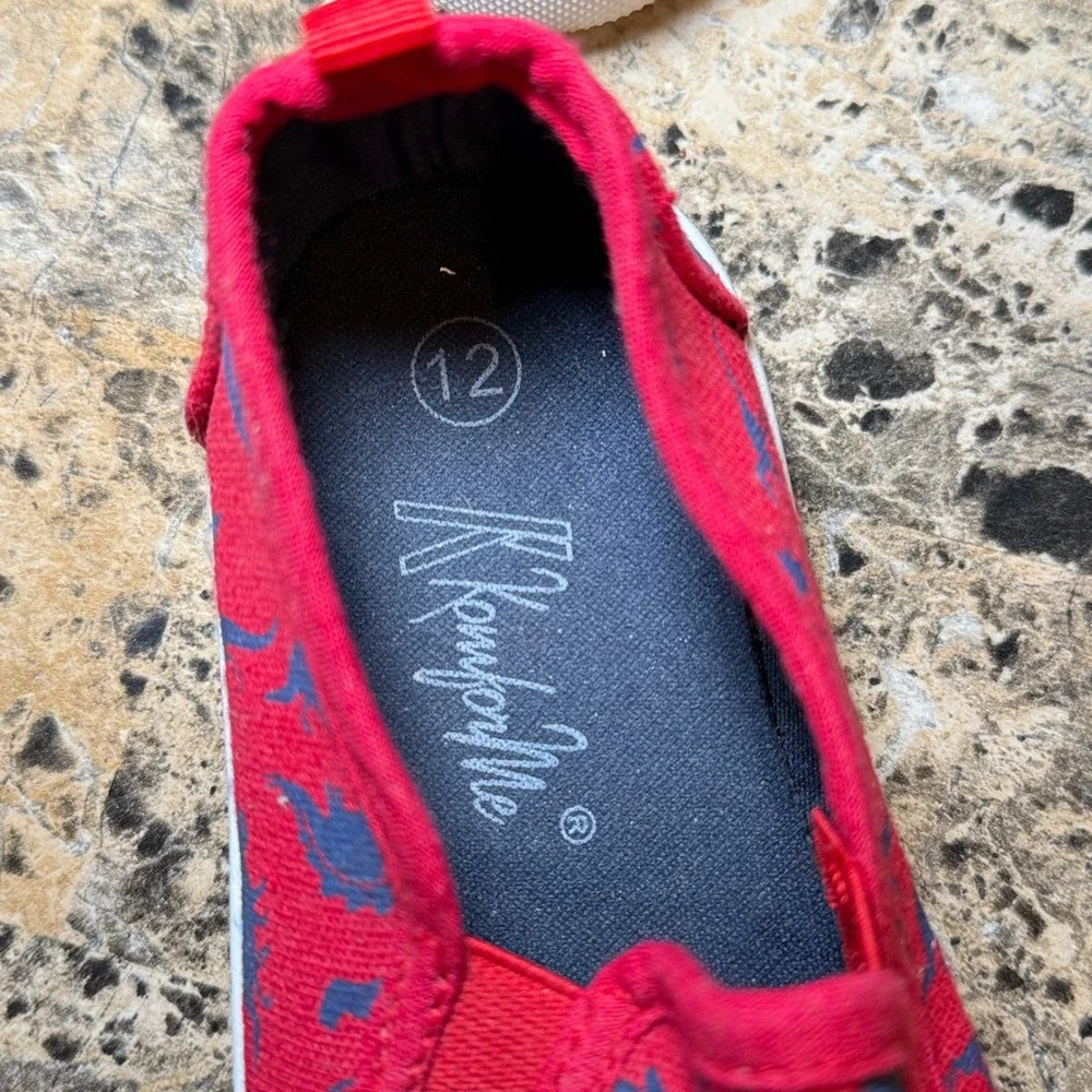 KomforMe Kids Red Blue Dinosaur Canvas Slip On Sneakers Size 12